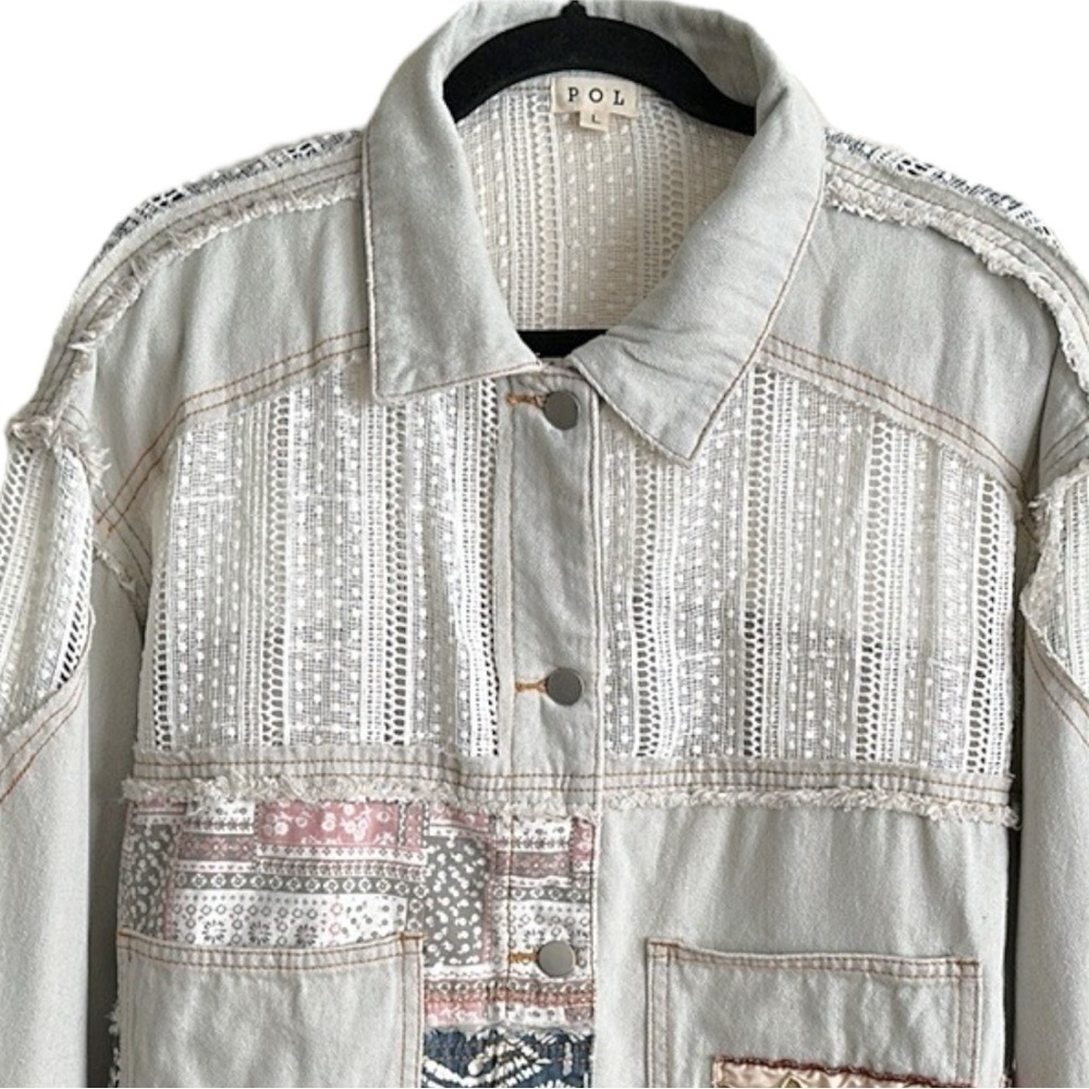 Pol Patchwork Lace Oversized Denim Jacket Light W… - image 3